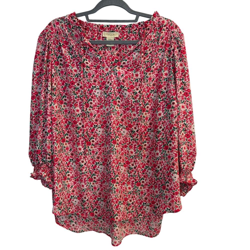 Cynthia Rowley Red Pink Floral Peasant Blouse Smocked 3/4 Sleeve Plus Size 1X